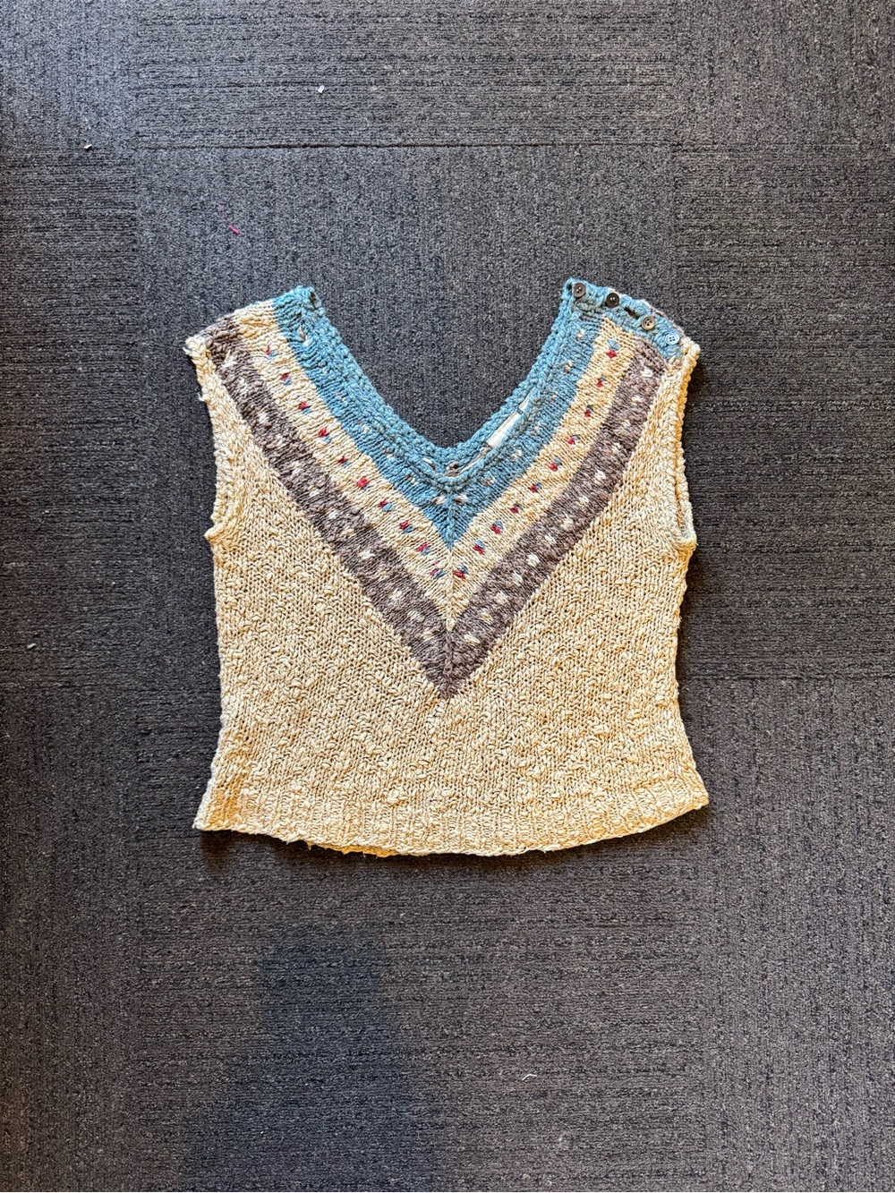Liz Claiborne Cream Knit V-Neck Tank with Blue Trim